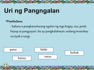 •Pambalana
- balana o pangkaraniwangngalanngmga bagay, tao, pook,
hayop at pangyayari. Ito ay pangkalahatan,walang tinutukoy
na tiyako tangi.
puno
bansa
lalaki
mesa
buhok
Uri ng Pangngalan
 