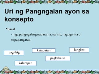 •Basal
- mga pangngalangnadarama,naiisip, nagugunita o
napapangarap.
pag-ibig
kahirapan
katapatan
pagkakaisa
lungkot
Uri ng Pangngalan ayon sa
konsepto
 