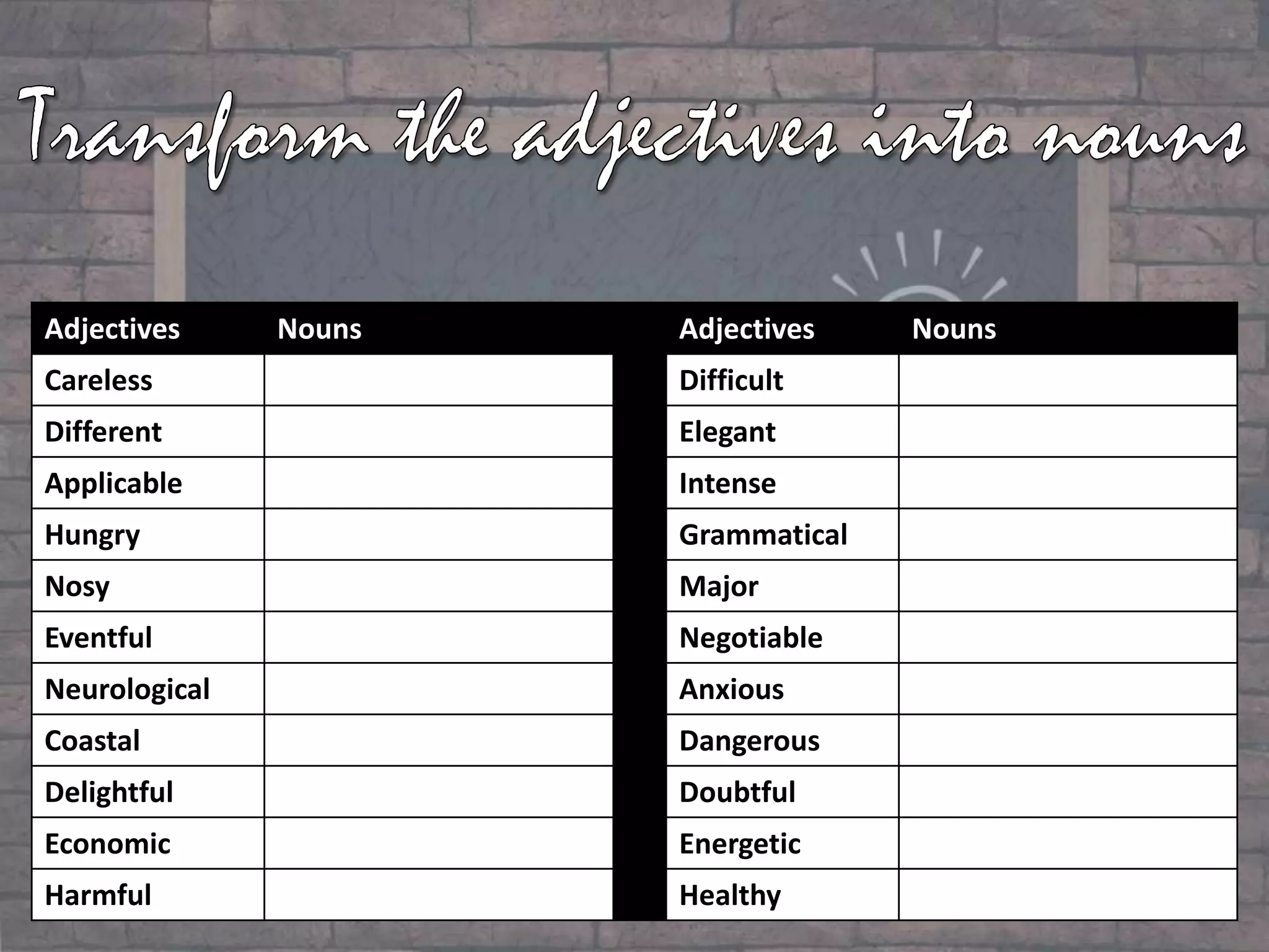 Adjectives Nouns Adjectives Nouns
Careless Difficult
Different Elegant
Applicable Intense
Hungry Grammatical
Nosy Major
Eventful Negotiable
Neurological Anxious
Coastal Dangerous
Delightful Doubtful
Economic Energetic
Harmful Healthy
 