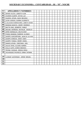 SOCIEDAD Y ECONOMIA – CONTABILIDAD – III – “B” - NOCHE
Nº APELLIDOS Y NOMBRES
01 DENOS ALCCA, LISBETH FLOR
02 HUAMAN QUISPE, SAYDA LUZ
03 HUARCA APAZA, HILDA MELISSA
04 LEON VARGAS, KARINA ELIZABETH
05 LLALLACACHI MOROCHARA, LIZBETH SHIOM
06 MAMANI HANCCO, HENRY RODRIGO
07 MAYTA DIAZ, JENNIFER YAMILE
08 MOLINA HERRERA, NATHALIE MADELEI
09 ORTIZ BERNALES, ARLYN WINY
10 PANCA MAMANI, FABRICIO ALONSO
11 QUISPE HUACARPUMA, MARIA DE LOS ANGE
12 QUISPE SONCCO, DEISY GABY
13 QUISPE YANQUI, HENRY ANGEL
14 RAMOS APAZA, CRISTHIAN JOEL
15 SALAS TAPIA, ALVARO ADRIÁN
16 SULLA SUPO, KAREN NINOSKA
17 TICONA CHOQUE, ERICKA ROSA
18 VELASQUEZ PACHECO, ERIKA TATIANA
19 LLAIQUE ILACHOQUE, JORGE MIGUEL
20
21
22
 