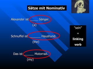 Sätze mit Nominativ Alexander ist _____ Sänger.  (a) Schnuffel ist _______ Haushund.  (the) Das ist ______ Motorrad.  (my) "sein" = linking verb 