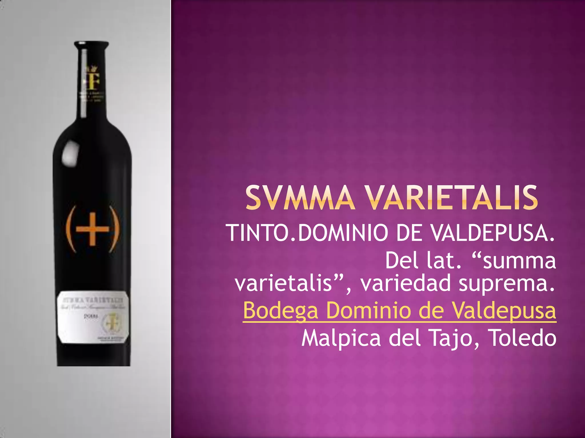 TINTO.DOMINIO DE VALDEPUSA.
Del lat. “summa
varietalis”, variedad suprema.
Bodega Dominio de Valdepusa
Malpica del Tajo, Toledo

 