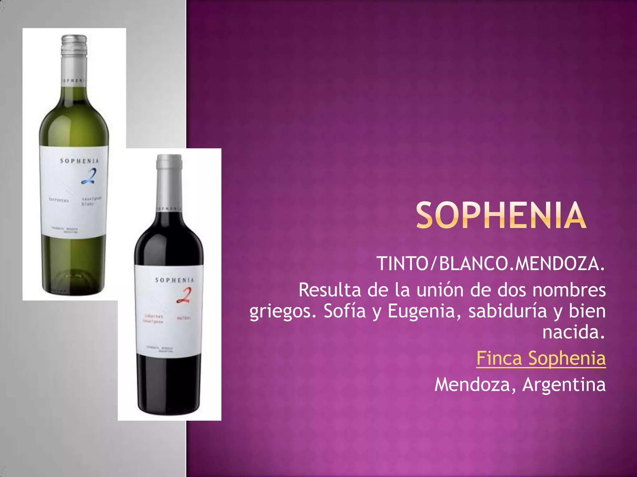 TINTO/BLANCO.MENDOZA.
Resulta de la unión de dos nombres
griegos. Sofía y Eugenia, sabiduría y bien
nacida.
Finca Sophenia
Mendoza, Argentina

 