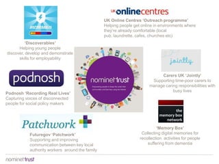 Podnosh ‘Recording Real Lives’
Capturing voices of disconnected
people for social policy makers
Futuregov ‘Patchwork’
Supporting and improving
communication between key local
authority workers around the family
UK Online Centres ‘Outreach programme’
Helping people get online in environments where
they’re already comfortable (local
pub, laundrette, cafes, churches etc)
‘Memory Box’
Collecting digital memories for
recollection activities for people
suffering from dementia
‘Discoverables’
Helping young people
discover, develop and demonstrate
skills for employability
Carers UK ‘Jointly’
Supporting time-poor carers to
manage caring responsibilities with
busy lives
 