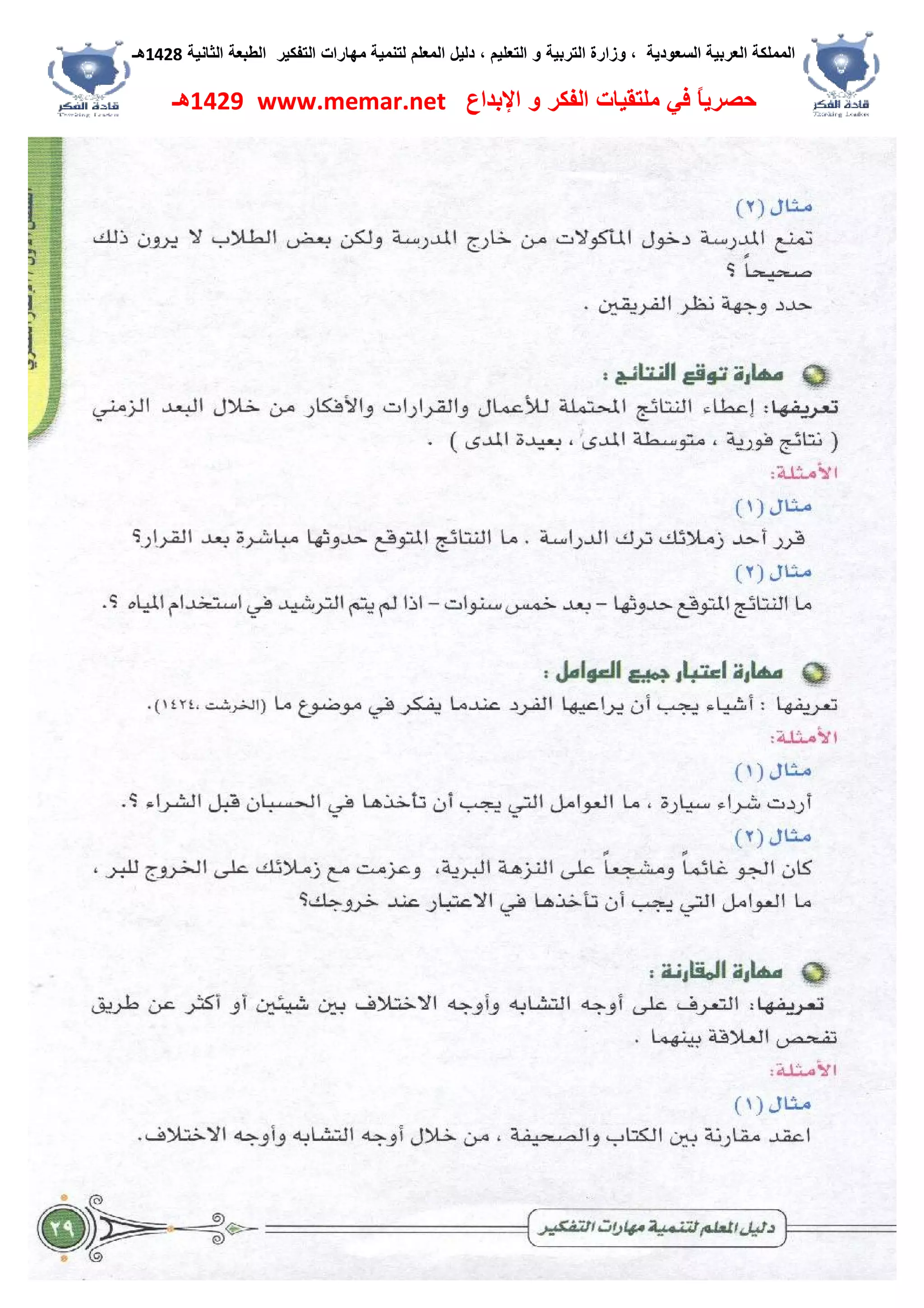 ‫اﻟﺴﻌﻮدﯾﺔ‬ ‫اﻟﻌﺮﺑﯿﺔ‬ ‫اﻟﻤﻤﻠﻜﺔ‬،‫و‬‫اﻟﺘﻌﻠﯿﻢ‬ ‫و‬ ‫اﻟﺘﺮﺑﯿﺔ‬ ‫زارة‬،‫اﻟﺘﻔﻜﯿﺮ‬ ‫ﻣﮭﺎرات‬ ‫ﻟﺘﻨﻤﯿﺔ‬ ‫اﻟﻤﻌﻠﻢ‬ ‫دﻟﯿﻞ‬‫اﻟﺜﺎﻧﯿﺔ‬ ‫اﻟﻄﺒﻌﺔ‬1428‫ھـ‬
‫ﻓﻲ‬ ً‫ﺎ‬‫ﺣﺼﺮﯾ‬‫اﻹﺑﺪاع‬ ‫و‬ ‫اﻟﻔﻜﺮ‬ ‫ﻣﻠﺘﻘﯿﺎت‬www.memar.net1429‫ھـ‬
 