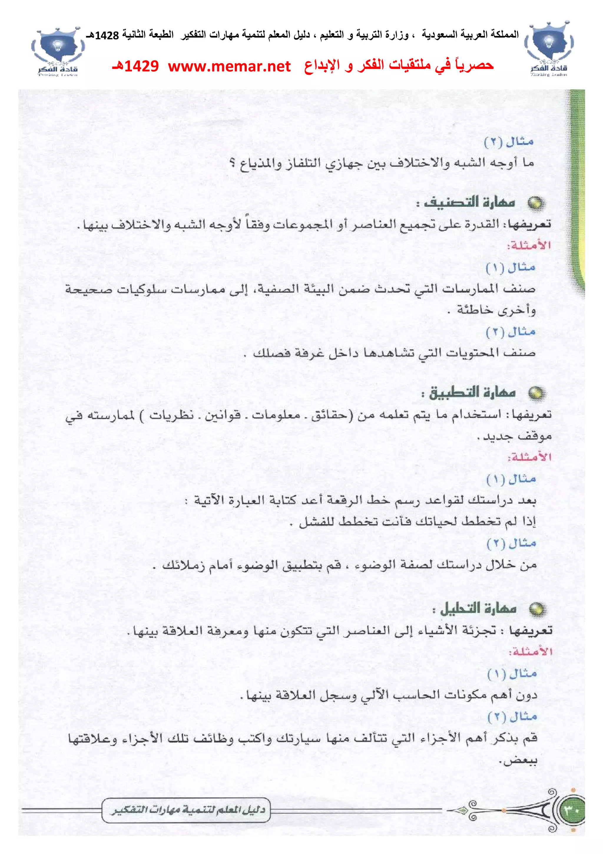 ‫اﻟﺴﻌﻮدﯾﺔ‬ ‫اﻟﻌﺮﺑﯿﺔ‬ ‫اﻟﻤﻤﻠﻜﺔ‬،‫و‬‫اﻟﺘﻌﻠﯿﻢ‬ ‫و‬ ‫اﻟﺘﺮﺑﯿﺔ‬ ‫زارة‬،‫اﻟﺘﻔﻜﯿﺮ‬ ‫ﻣﮭﺎرات‬ ‫ﻟﺘﻨﻤﯿﺔ‬ ‫اﻟﻤﻌﻠﻢ‬ ‫دﻟﯿﻞ‬‫اﻟﺜﺎﻧﯿﺔ‬ ‫اﻟﻄﺒﻌﺔ‬1428‫ھـ‬
‫ﻓﻲ‬ ً‫ﺎ‬‫ﺣﺼﺮﯾ‬‫اﻹﺑﺪاع‬ ‫و‬ ‫اﻟﻔﻜﺮ‬ ‫ﻣﻠﺘﻘﯿﺎت‬www.memar.net1429‫ھـ‬
 