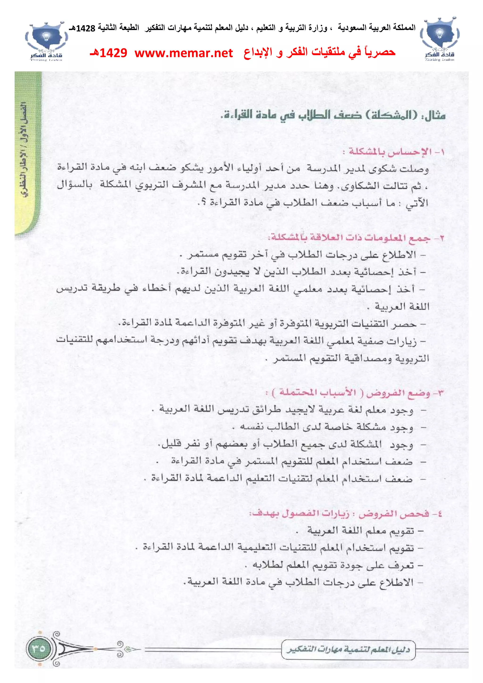 ‫اﻟﺴﻌﻮدﯾﺔ‬ ‫اﻟﻌﺮﺑﯿﺔ‬ ‫اﻟﻤﻤﻠﻜﺔ‬،‫و‬‫اﻟﺘﻌﻠﯿﻢ‬ ‫و‬ ‫اﻟﺘﺮﺑﯿﺔ‬ ‫زارة‬،‫اﻟﺘﻔﻜﯿﺮ‬ ‫ﻣﮭﺎرات‬ ‫ﻟﺘﻨﻤﯿﺔ‬ ‫اﻟﻤﻌﻠﻢ‬ ‫دﻟﯿﻞ‬‫اﻟﺜﺎﻧﯿﺔ‬ ‫اﻟﻄﺒﻌﺔ‬1428‫ھـ‬
‫ﻓﻲ‬ ً‫ﺎ‬‫ﺣﺼﺮﯾ‬‫اﻹﺑﺪاع‬ ‫و‬ ‫اﻟﻔﻜﺮ‬ ‫ﻣﻠﺘﻘﯿﺎت‬www.memar.net1429‫ھـ‬
 