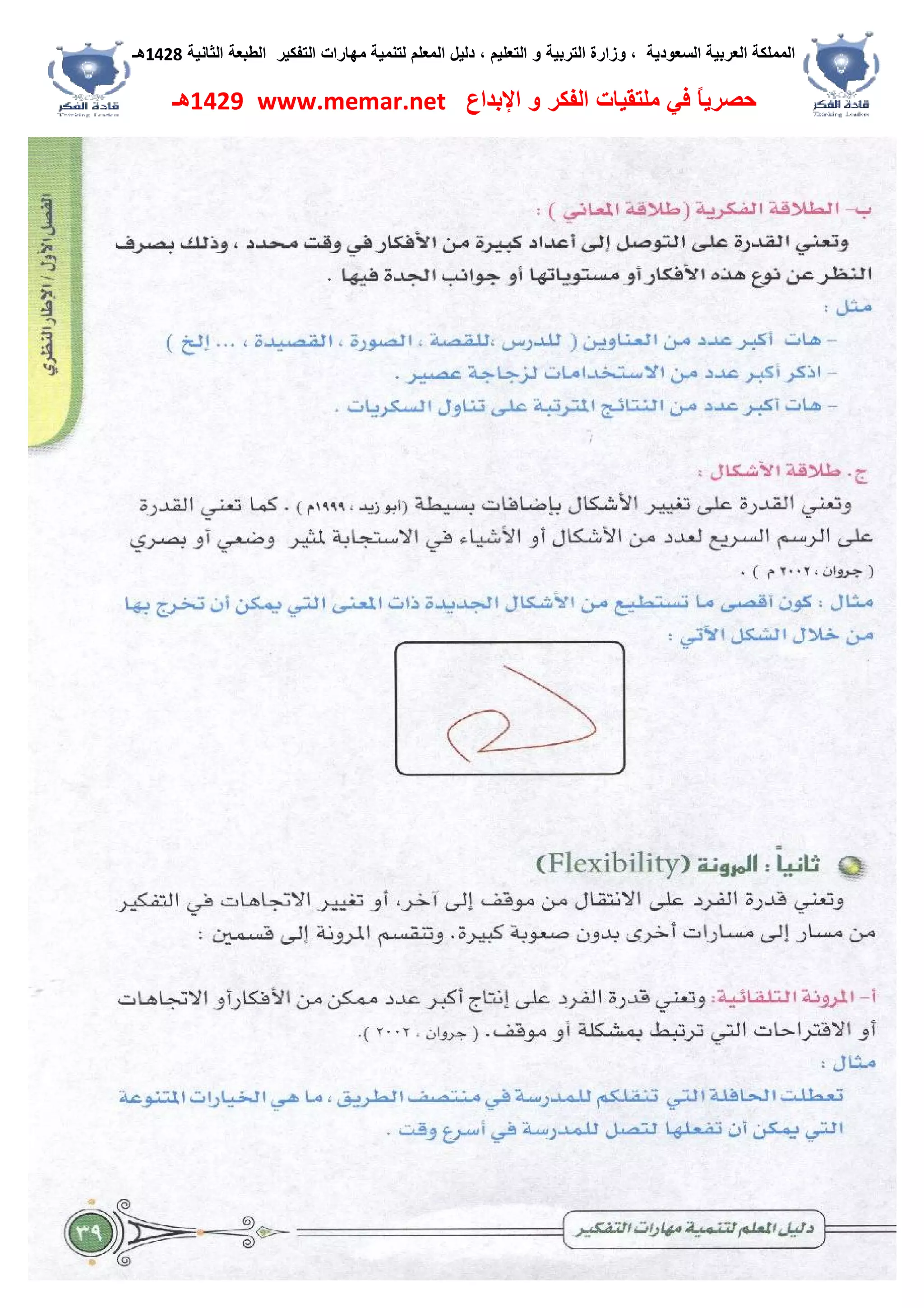 ‫اﻟﺴﻌﻮدﯾﺔ‬ ‫اﻟﻌﺮﺑﯿﺔ‬ ‫اﻟﻤﻤﻠﻜﺔ‬،‫و‬‫اﻟﺘﻌﻠﯿﻢ‬ ‫و‬ ‫اﻟﺘﺮﺑﯿﺔ‬ ‫زارة‬،‫اﻟﺘﻔﻜﯿﺮ‬ ‫ﻣﮭﺎرات‬ ‫ﻟﺘﻨﻤﯿﺔ‬ ‫اﻟﻤﻌﻠﻢ‬ ‫دﻟﯿﻞ‬‫اﻟﺜﺎﻧﯿﺔ‬ ‫اﻟﻄﺒﻌﺔ‬1428‫ھـ‬
‫ﻓﻲ‬ ً‫ﺎ‬‫ﺣﺼﺮﯾ‬‫اﻹﺑﺪاع‬ ‫و‬ ‫اﻟﻔﻜﺮ‬ ‫ﻣﻠﺘﻘﯿﺎت‬www.memar.net1429‫ھـ‬
 