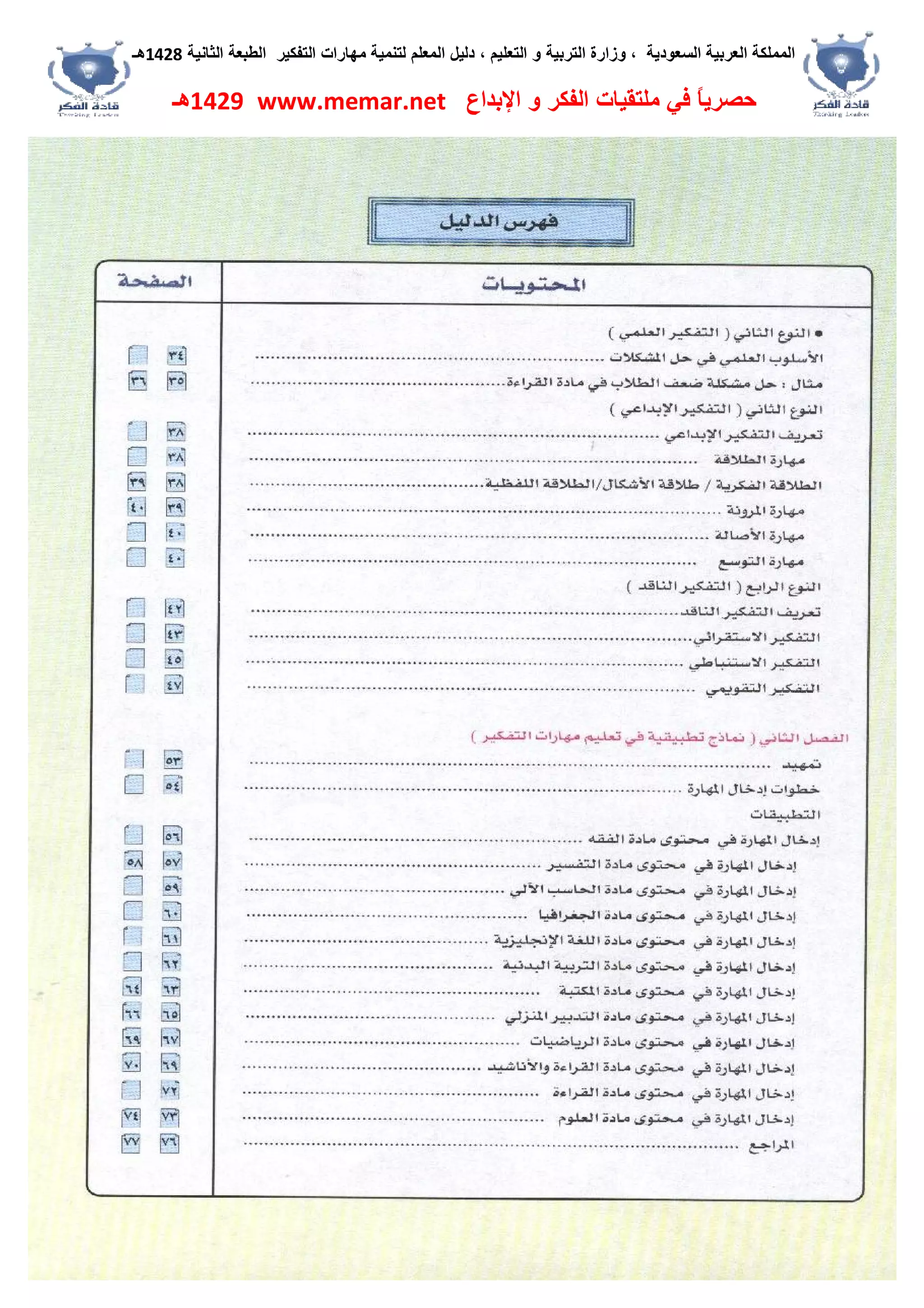 ‫اﻟﺴﻌﻮدﯾﺔ‬ ‫اﻟﻌﺮﺑﯿﺔ‬ ‫اﻟﻤﻤﻠﻜﺔ‬،‫و‬‫اﻟﺘﻌﻠﯿﻢ‬ ‫و‬ ‫اﻟﺘﺮﺑﯿﺔ‬ ‫زارة‬،‫اﻟﺘﻔﻜﯿﺮ‬ ‫ﻣﮭﺎرات‬ ‫ﻟﺘﻨﻤﯿﺔ‬ ‫اﻟﻤﻌﻠﻢ‬ ‫دﻟﯿﻞ‬‫اﻟﺜﺎﻧﯿﺔ‬ ‫اﻟﻄﺒﻌﺔ‬1428‫ھـ‬
‫ﻓﻲ‬ ً‫ﺎ‬‫ﺣﺼﺮﯾ‬‫اﻹﺑﺪاع‬ ‫و‬ ‫اﻟﻔﻜﺮ‬ ‫ﻣﻠﺘﻘﯿﺎت‬www.memar.net1429‫ھـ‬
 