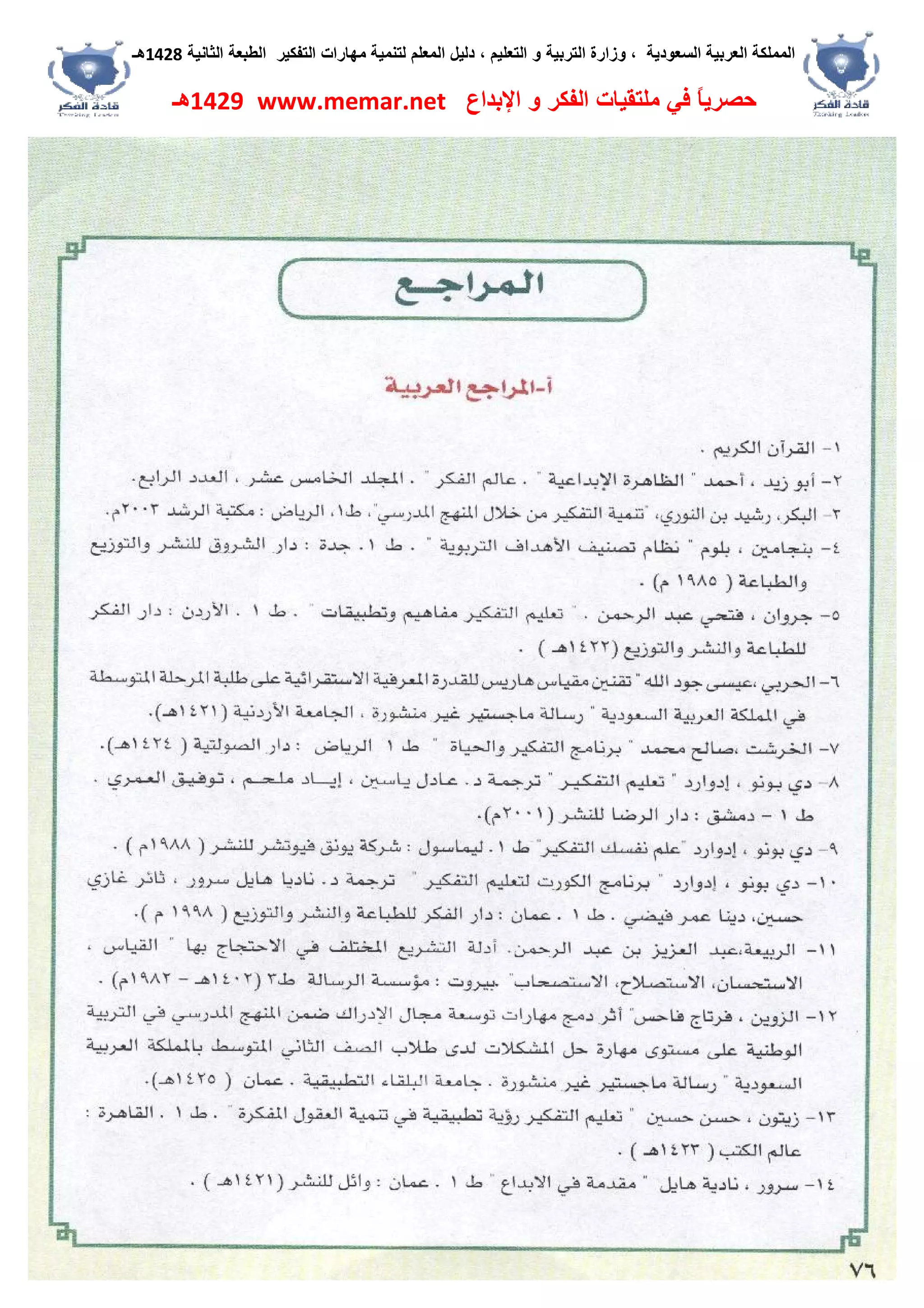 ‫اﻟﺴﻌﻮدﯾﺔ‬ ‫اﻟﻌﺮﺑﯿﺔ‬ ‫اﻟﻤﻤﻠﻜﺔ‬،‫و‬‫اﻟﺘﻌﻠﯿﻢ‬ ‫و‬ ‫اﻟﺘﺮﺑﯿﺔ‬ ‫زارة‬،‫اﻟﺘﻔﻜﯿﺮ‬ ‫ﻣﮭﺎرات‬ ‫ﻟﺘﻨﻤﯿﺔ‬ ‫اﻟﻤﻌﻠﻢ‬ ‫دﻟﯿﻞ‬‫اﻟﺜﺎﻧﯿﺔ‬ ‫اﻟﻄﺒﻌﺔ‬1428‫ھـ‬
‫ﻓﻲ‬ ً‫ﺎ‬‫ﺣﺼﺮﯾ‬‫اﻹﺑﺪاع‬ ‫و‬ ‫اﻟﻔﻜﺮ‬ ‫ﻣﻠﺘﻘﯿﺎت‬www.memar.net1429‫ھـ‬
 