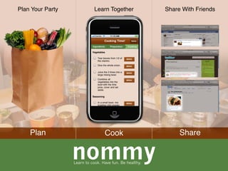 Plan Your Party              Learn Together              Share With Friends




    Plan                          Cook                        Share


                  nommy
                  Learn to cook. Have fun. Be healthy.
 