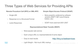 Three Types of Web Services for Providing APIs
Remote Procedure Call (RPC) or XML-RPC
• Single URI
• Response is in a Structured Format
• Lacks Responses
Simple Object Access Protocol (SOAP)
• More powerful, preferred by software
vendors (MSFT,.NET,Java Entprse
Edition, etc)
• SOAP most used tool 2001-2007
Representational State Transfer (REST)
• Most popular web service
• Each unique URL is a representational of some object
• Easy to read results
• Light Weight – Not much XML markup
http://tiny.cc/webservices
 