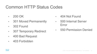 • 200 OK
• 301 Moved Permanently
• 302 Found
• 307 Temporary Redirect
• 400 Bad Request
• 403 Forbidden
Common HTTP Status Codes
• 404 Not Found
• 500 Internal Server
Error
• 550 Permission Denied
 