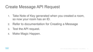1. Take Note of Key generated when you created a room,
so now your room has an ID.
2. Refer to documentation for Creating a Message
3. Test the API request.
4. Make Magic Happen.
Create Message API Request
 
