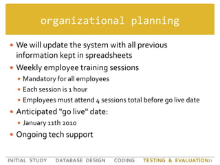 organizational planning<br />We will update the system with all previous information kept in spreadsheets<br />Weekly empl...