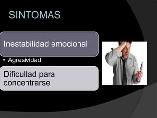 SINTOMAS

Inestabilidad emocional
• Agresividad

Dificultad para
concentrarse
 