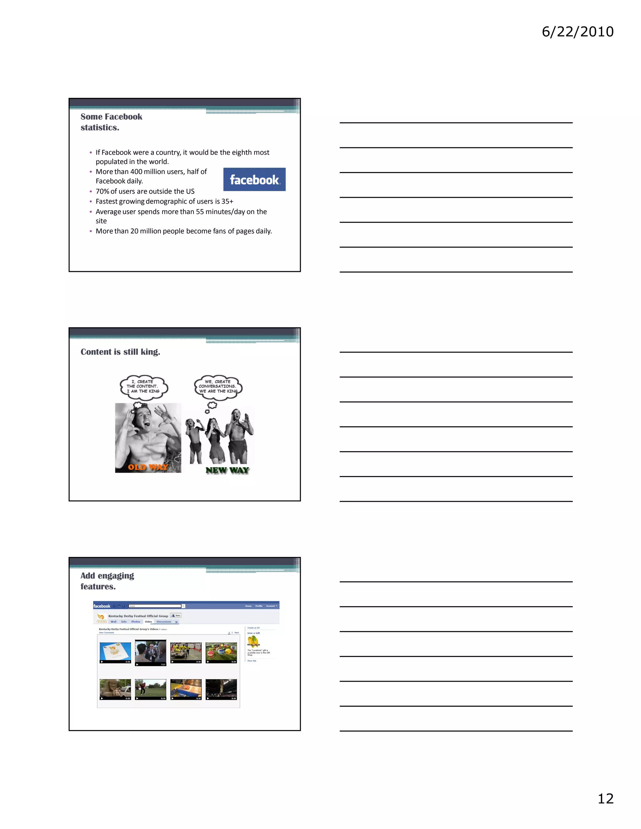 6/22/2010




Some Facebook
statistics.

  • If Facebook were a country, it would be the eighth most
    populated in the world.
  • More than 400 million users, half of            which use
    Facebook daily.
  • 70% of users are outside the US
  • Fastest growing demographic of users is 35+
  • Average user spends more than 55 minutes/day on the
    site
  • More than 20 million people become fans of pages daily.




Content is still king.




Add engaging
features.




                                                                      12
 