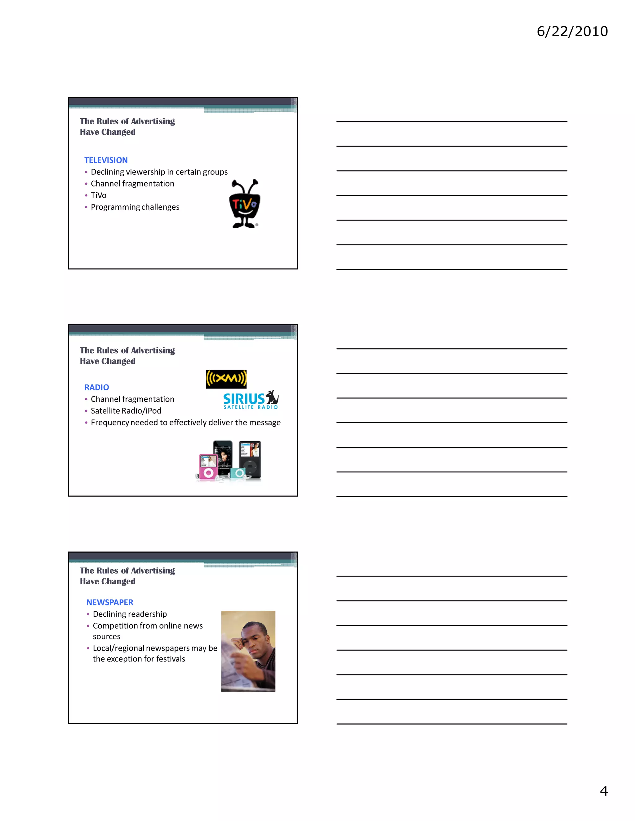 6/22/2010




The Rules of Advertising
Have Changed


 TELEVISION
 • Declining viewership in certain groups
 • Channel fragmentation
 • TiVo
 • Programming challenges




The Rules of Advertising
Have Changed

 RADIO
 • Channel fragmentation
 • Satellite Radio/iPod
 • Frequency needed to effectively deliver the message




The Rules of Advertising
Have Changed

 NEWSPAPER
 • Declining readership
 • Competition from online news
   sources
 • Local/regional newspapers may be
   the exception for festivals




                                                                4
 