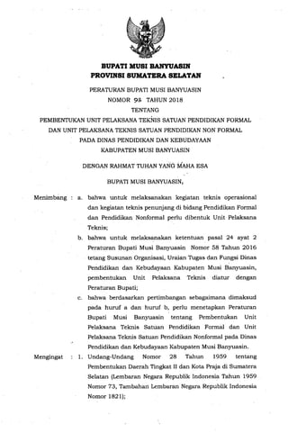 BUPATI MUSI BANYUASIN
PROVINSI SUMATERA SELATAN
PERATURANBUPATI MUSI BANYUASIN
NOMOR 93 TAHUN 2018
TENTANG
PEMBENTUKANUNIT PELAKSANATEKNIS SATUANPENDIDIKANFORMAL
DAN UNIT PELAKSANATEKNIS SATUANPENDIDIKANNON FORMAL
PADA DINAS PENDIDIKANDAN KEBUDAYAAN
KABUPATENMUSI BANYUASIN
DENGAN RAHMATTUHANYANGMAHA ESA
BUPATI MUSI BANYUASINf
Menimbang a. bahwa untuk melaksanakan kegiatan teknis operasional
dan kegiatan teknis penunjang di bidang Pendidikan Formal
dan Pendidikan Nonformal perlu dibentuk Unit Pelaksana
Teknis;
b. bahwa untuk melaksanakan ketentuan pasal 24 ayat 2
Peraturan Bupati Musi Banyuasin Nomor 58 Tahun 2016
tetang Susunan Organisasi, Uraian Tugas dan Fungsi Dinas
Pendidikan dan Kebudayaan Kabupaten Musi Banyuasin,
pembentukan Unit Pelaksana Teknisdiatur dengan
Peraturan Bupati;
c. bahwa berdasarkan pertimbangan sebagaimana dimaksud
pada huruf a dan huruf b, perlu menetapkan Peraturan
Bupati Musi Banyuasin tentang Pembentukan Unit
Pelaksana Teknis Satuan Pendidikan Formal dan Unit
Pelaksana Teknis Satuan Pendidikan Nonformal pada Dinas
Pendidikan dan Kebudayaan Kabupaten Musi Banyuasin.
Mengingat 1. Undang-Undang Nomor 28 Tahun 1959 tentang
Petnbentukan Daerah Tingkat II dan Kota Praja di Sumatera
.Selatan (Lembaran Negara Republik Indonesia Tahun 1959
Nomor 73, Tambahar1 Letnbaran Negara Republik Indonesia
Nomor 1821);
 