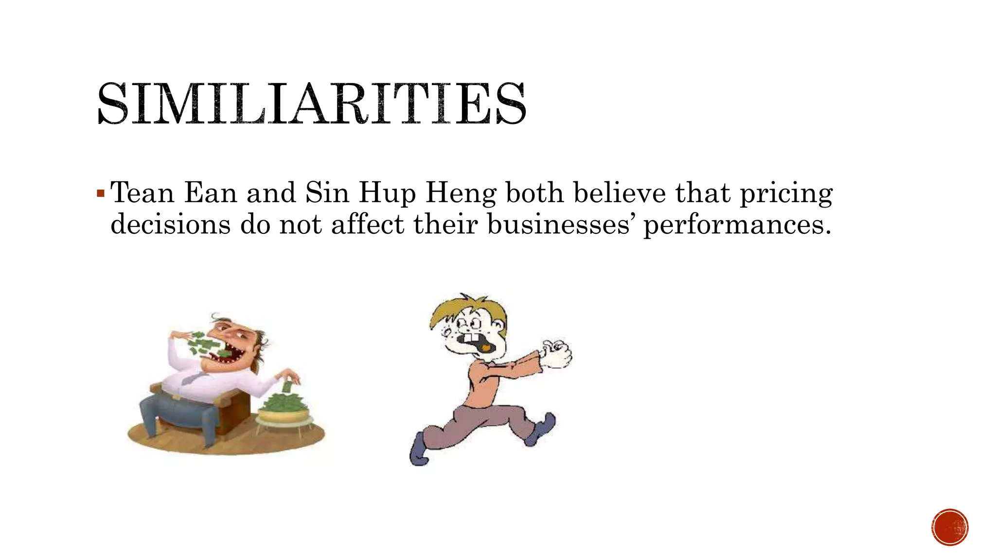 Tean Ean and Sin Hup Heng both believe that pricing
decisions do not affect their businesses’ performances.
 