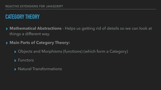 REACTIVE EXTENSIONS FOR JAVASCRIPT
▸ Mathematical Abstractions - Helps us getting rid of details so we can look at
things a different way.
▸ Main Parts of Category Theory:
▸ Objects and Morphisms (functions) (which form a Category)
▸ Functors
▸ Natural Transformations
CATEGORY THEORY
 
