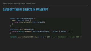 REACTIVE EXTENSIONS FOR JAVASCRIPT
CATEGORY THEORY OBJECTS IN JAVASCRIPT
const containerPrototype = {
map: function (fn) {
return Container(fn(this.value));
}
}
function Container(value) {
return Object.create(containerPrototype, { value: { value } });
}
console.log(Container(10).map(x => x + 100)); // > Container { value: 110 }
 