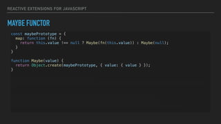 REACTIVE EXTENSIONS FOR JAVASCRIPT
MAYBE FUNCTOR
const maybePrototype = {
map: function (fn) {
return this.value !== null ? Maybe(fn(this.value)) : Maybe(null);
}
}
function Maybe(value) {
return Object.create(maybePrototype, { value: { value } });
}
function matchFirst(string, regexp) {
return Maybe(string).map(string => string.match(regexp)).map(matches => matches[0]);
}
console.log(matchFirst(null, /test/)); // Maybe { value: null }
console.log(matchFirst('test', /rest/)); // Maybe { value: null }
console.log(matchFirst('test1test2', /testd/)); // Maybe { value: 'test1' }
 