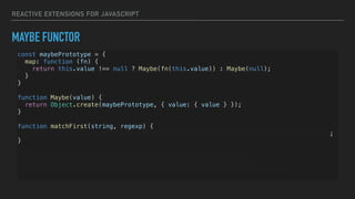 REACTIVE EXTENSIONS FOR JAVASCRIPT
MAYBE FUNCTOR
const maybePrototype = {
map: function (fn) {
return this.value !== null ? Maybe(fn(this.value)) : Maybe(null);
}
}
function Maybe(value) {
return Object.create(maybePrototype, { value: { value } });
}
function matchFirst(string, regexp) {
return Maybe(string).map(string => string.match(regexp)).map(matches => matches[0]);
}
console.log(matchFirst(null, /test/)); // Maybe { value: null }
console.log(matchFirst('test', /rest/)); // Maybe { value: null }
console.log(matchFirst('test1test2', /testd/)); // Maybe { value: 'test1' }
 
