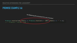 REACTIVE EXTENSIONS FOR JAVASCRIPT
PROMISE EXAMPLE (4)
Promise.resolve(10).then(x => Promise.resolve(x + 100)).then(x => '' + x);
// > Promise { value: '110' }
It’s ﬂattening the structure! It’s not a functor!
 
