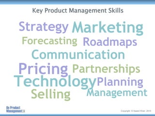 Key Product Management Skills<br />Marketing<br />Strategy<br />Forecasting<br />Roadmaps<br />Communication<br />Pricing<...