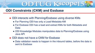  ODI interacts with Planning/Essbase using diverse KMs
● For Planning ODI has only a Load Metadata KM
● For Essbase ODI h...