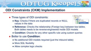  Three types of ODI constraints:
● Key: Checks if there are duplicated records or NULL
values in the data
● Reference: Ch...