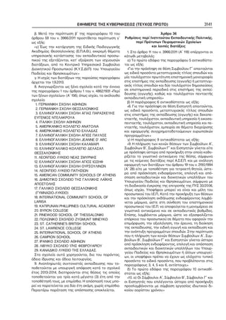 ΕΦΗΜΕΡΙΣ ΤΗΣ ΚΥΒΕΡΝΗΣΕΩΣ (ΤΕΥΧΟΣ ΠΡΩΤΟ)
β. Μετά την περίπτωση β΄ της παραγράφου 10 του
άρθρου 59 του ν. 3966/2011 προστίθεται περίπτωση γ΄
ως εξής:
«γ) Έως την κατάργηση της Ειδικής Παιδαγωγικής
Ακαδημίας Θεσσαλονίκης (Ε.Π.Α.Θ.), εκκρεμή θέματα
υπηρεσιακής κατάστασης του εκπαιδευτικού προσω−
πικού της εξετάζονται, κατ’ εξαίρεση των ισχυουσών
διατάξεων, από το Κεντρικό Υπηρεσιακό Συμβούλιο
Διοικητικού Προσωπικού (Κ.Υ.Σ.ΔΙ.Π) του Υπουργείου
Παιδείας και Θρησκευμάτων.»
γ. Η ισχύς των διατάξεων της παρούσας παραγράφου
άρχεται την 1.9.2013.
8. Αναγνωρίζονται ως ξένα σχολεία κατά την έννοια
της παραγράφου 1 του άρθρου 1 του ν. 4862/1931 «Περί
των ξένων σχολείων» (Α΄ 156), όπως ισχύει, τα ακόλουθα
σχολεία:
1. ΓΕΡΜΑΝΙΚΗ ΣΧΟΛΗ ΑΘΗΝΩΝ
2. ΓΕΡΜΑΝΙΚΗ ΣΧΟΛΗ ΘΕΣΣΑΛΟΝΙΚΗΣ
3. ΕΛΛΗΝΟΓΑΛΛΙΚΗ ΣΧΟΛΗ ΑΓΙΑΣ ΠΑΡΑΣΚΕΥΗΣ
ΕΥΓΕΝΙΟΣ ΝΤΕΛΑΚΡΟΥΑ
4. ΙΤΑΛΙΚΗ ΣΧΟΛΗ ΑΘΗΝΩΝ
5. ΑΜΕΡΙΚΑΝΙΚΟ ΚΟΛΛΕΓΙΟ ΑΝΑΤΟΛΙΑ
6. ΑΜΕΡΙΚΑΝΙΚΟ ΚΟΛΛΕΓΙΟ ΕΛΛΑΔΑΣ
7. ΕΛΛΗΝΟΓΑΛΛΙΚΗ ΣΧΟΛΗ ΑΓΙΟΣ ΠΑΥΛΟΣ
8. ΕΛΛΗΝΟΓΑΛΛΙΚΗ ΣΧΟΛΗ JEANNE D’ ARC
9. ΕΛΛΗΝΟΓΑΛΛΙΚΗ ΣΧΟΛΗ ΚΑΛΑΜΑΡΙ
10. ΕΛΛΗΝΟΓΑΛΛΙΚΟ ΚΟΛΛΕΓΙΟ ΔΕΛΑΣΑΛ
ΘΕΣΣΑΛΟΝΙΚΗΣ
11. ΛΕΟΝΤΕΙΟ ΛΥΚΕΙΟ ΝΕΑΣ ΣΜΥΡΝΗΣ
12. ΕΛΛΗΝΟΓΑΛΛΙΚΗ ΣΧΟΛΗ ΑΓΙΟΣ ΙΩΣΗΦ
13. ΕΛΛΗΝΟΓΑΛΛΙΚΗ ΣΧΟΛΗ ΟΥΡΣΟΥΛΙΝΩΝ
14. ΛΕΟΝΤΕΙΟ ΛΥΚΕΙΟ ΠΑΤΗΣΙΩΝ
15. AMERICAN COMMUNITY SCHOOLS OF ATHENS
16. ΔΗΜΟΤΙΚΟ ΣΧΟΛΕΙΟ ΤΗΣ ΓΑΛΛΙΚΗΣ ΛΑΪΚΗΣ
ΑΠΟΣΤΟΛΗΣ
17. ΓΑΛΛΙΚΟ ΣΧΟΛΕΙΟ ΘΕΣΣΑΛΟΝΙΚΗΣ
(ΓΥΜΝΑΣΙΟ−ΛΥΚΕΙΟ)
18. INTERNATIONAL COMMUNITY SCHOOL OF
LARISA
19. KATIPUNAN PHILLIPINES CULTURAL ACADEMY
20. BYRON COLLEGE
21. PINEWOOD SCHOOL OF THESSALONIKI
22. ΠΟΛΩΝΙΚΟ ΣΧΟΛΕΙΟ ZYGMUNT MINEYKO
23. ST. CATHERINE’S BRITISH SCHOOL
24. ST. LAWRENCE COLLEGE
25. INTERNATIONAL SCHOOL OF ATHENS
26. CAMPION SCHOOL
27. ΙΡΑΝΙΚΟ ΣΧΟΛΕΙΟ ΑΘΗΝΩΝ
28. ΛΙΒΥΚΟ ΣΧΟΛΕΙΟ 17ΗΣ ΦΕΒΡΟΥΑΡΙΟΥ
29. ΚΑΝΑΔΙΚΟ ΛΥΚΕΙΟ ΤΗΣ ΕΛΛΑΔΑΣ.
Στα σχολεία αυτά χορηγούνται, δια του παρόντος,
άδεια ίδρυσης και άδεια λειτουργίας.
9. Αναπληρωτές συντονιστές εκπαίδευσης που το−
ποθετούνται με υπουργική απόφαση κατά το σχολικό
έτος 2013−2014, διατηρούνται στις θέσεις τις οποίες
τοποθετούνται για τρία κατά μέγιστο (3) έτη από την
τοποθέτησή τους, με επιμίσθιο. Η απόσπασή τους μπο−
ρεί να παρατείνεται για δύο έτη ακόμη, χωρίς επιμίσθιο.
Περαιτέρω παράταση της απόσπασης αποκλείεται.

3141

Άρθρο 36
Ρυθμίσεις περί Ινστιτούτου Εκπαιδευτικής Πολιτικής,
περί Πρότυπων Πειραματικών Σχολείων
και λοιπές διατάξεις
1. Στο άρθρο 11 του ν. 3966/2011 (Α΄ 118) επέρχονται οι
κάτωθι μεταβολές:
α) Το πρώτο εδάφιο της παραγράφου 5 αντικαθίστα−
ται ως εξής:
«Για την πρόσληψη σε θέση Συμβούλου Γ΄ απαιτούνται
ως ειδικά προσόντα μεταπτυχιακός τίτλος σπουδών και
μία τουλάχιστον πρωτότυπη επιστημονική μονογραφία
στις επιστήμες της εκπαίδευσης (αγωγής) ή μεταπτυχι−
ακός τίτλος σπουδών και δύο τουλάχιστον δημοσιεύσεις
σε επιστημονικά περιοδικά στις επιστήμες της εκπαί−
δευσης (αγωγής), καθώς και τουλάχιστον πενταετής
εκπαιδευτική υπηρεσία.»
β) Η παράγραφος 6 αντικαθίσταται ως εξής:
«6. Για την πρόσληψη σε θέση Εισηγητή απαιτούνται,
ως ειδικά προσόντα, μεταπτυχιακός τίτλος σπουδών
στις επιστήμες της εκπαίδευσης (αγωγής) και δεκαπε−
νταετής, τουλάχιστον, εκπαιδευτική υπηρεσία ή εικοσα−
πενταετής, τουλάχιστον, εκπαιδευτική υπηρεσία και πε−
νταετής, τουλάχιστον, εμπειρία σε θέματα διαχείρισης
και εφαρμογής συγχρηματοδοτούμενων ευρωπαϊκών
προγραμμάτων.»
γ) Η παράγραφος 9 αντικαθίσταται ως εξής:
«9. Η πλήρωση των κενών θέσεων των Συμβούλων Α΄,
Συμβούλων Β΄, Συμβούλων Γ΄ και Εισηγητών γίνεται είτε
με πρόσληψη ύστερα από προκήρυξη στην οποία καθο−
ρίζεται το γνωστικό αντικείμενο της θέσης, σύμφωνα
με τις κείμενες διατάξεις περί Α.Σ.Ε.Π. και με ανάλογη
εφαρμογή των διατάξεων του άρθρου 19 του ν. 2190/1994
(Α΄ 28) είτε με τοποθέτηση για τετραετή θητεία, ύστε−
ρα από πρόσκληση ενδιαφέροντος, επιλογή και από−
σπαση εκπαιδευτικών και διοικητικών υπαλλήλων του
Υπουργείου Παιδείας και Θρησκευμάτων, σύμφωνα με
τη διαδικασία έγκρισης της επιτροπής της ΠΥΣ 33/2006,
όπως ισχύει. Υποψήφιοι μπορεί να είναι και μέλη του
προσωπικού του Ι.Ε.Π.. Κατά την προκήρυξη των θέσεων
και την πρόσκληση εκδήλωσης ενδιαφέροντος λαμβά−
νεται μέριμνα, ώστε στη σύνθεση του επιστημονικού
προσωπικού του Ι.Ε.Π. να αποφεύγεται η μονομέρεια σε
γνωστικά αντικείμενα και σε εκπαιδευτικές βαθμίδες.
Επίσης, λαμβάνεται μέριμνα, ώστε να εξασφαλίζεται
επάρκεια του προσωπικού σε θέματα που αφορούν την
επιμόρφωση, την αξιολόγηση, την έρευνα, τη διοίκηση
της εκπαίδευσης, την ειδική αγωγή και εκπαίδευση και
την ανάπτυξη προγραμμάτων σπουδών. Στην περίπτωση
που η πλήρωση των κενών θέσεων Συμβούλων Α΄, Συμ−
βούλων Β΄, Συμβούλων Γ΄ και Εισηγητών γίνεται ύστερα
από πρόσκληση ενδιαφέροντος, επιλογή και απόσπαση
εκπαιδευτικών και διοικητικών υπαλλήλων του Υπουρ−
γείου Παιδείας και Θρησκευμάτων ή άλλων υπουργεί−
ων, οι υποψήφιοι πρέπει να έχουν ως ελάχιστα τυπικά
προσόντα τα ειδικά προσόντα, που προβλέπονται στις
παραγράφους 3, 4, 5 και 6, αντίστοιχα.»
δ) Το πρώτο εδάφιο της παραγράφου 10 αντικαθί−
σταται ως εξής:
«10. α) Οι Σύμβουλοι Α΄, Σύμβουλοι Β΄, Σύμβουλοι Γ΄ και
οι Εισηγητές που επιλέγονται ύστερα από προκήρυξη
προσλαμβάνονται με σύμβαση εργασίας ιδιωτικού δι−
καίου αορίστου χρόνου.»

 