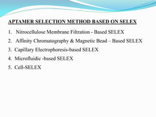 APTAMER SELECTION METHOD BASED ON SELEX
1. Nitrocellulose Membrane Filtration - Based SELEX
2. Affinity Chromatography & Magnetic Bead – Based SELEX
3. Capillary Electrophoresis-based SELEX
4. Microfluidic -based SELEX
5. Cell-SELEX
 