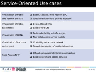 Service-Oriented Use cases
Adapted from D.R. Lopez, “Moving along the NFV Way”, May 2014
Virtualization of mobile
core network and IMS
 Elastic, scalable, more resilient EPC
 Specially suitable for a phased approach
Virtualization of mobile
base station
 Evolved Cloud-RAN
 Enabler for SON
Virtualization of CDNs
 Better adaptability to traffic surges
 New collaborative service models
Virtualization of the home
environment
 L2 visibility to the home network
 Smooth introduction of residential services
Fixed Access NFV
 Offload computational intensive optimization
 Enable on-demand access services
29 of 140
 