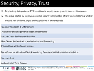Security, Privacy, Trust
NFV Security; Problem Statement. Bob Briscoe (Rapporteur). Draft Group Specification published,
Oct 2014.
Topology Validation & Enforcement
Availability of Management Support Infrastructure
Secure Crash Performance Isolation
User/Tenant Authentication, Authorization and Accounting
Private Keys within Cloned Images
Back-Doors via Virtualized Test & Monitoring Functions Multi-Administrator Isolation
Secured Boot
Authenticated Time Service
 Emphasizing its importance, ETSI constituted a security expert group to focus on this concern.
 The group started by identifying potential security vulnerabilities of NFV and establishing whether
they are new problems, or just existing problems in different guises
70 of 140
 