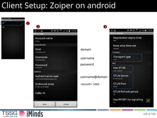 Client Setup: Zoiper on android
1
username
domain
password
username@domain
<bonoIP>: 5060
2 3
120 of 140
 