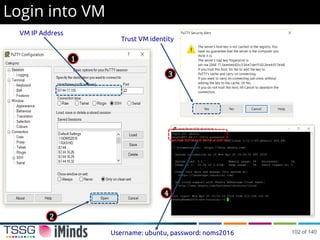 Login into VM
1
VM IP Address
2
3
Trust VM identity
Username: ubuntu, password: noms2016
4
102 of 140
 