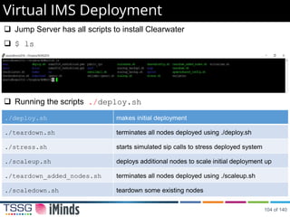 Virtual IMS Deployment
 Jump Server has all scripts to install Clearwater
 $ ls
 Running the scripts ./deploy.sh
./deploy.sh makes initial deployment
./teardown.sh terminates all nodes deployed using ./deploy.sh
./stress.sh starts simulated sip calls to stress deployed system
./scaleup.sh deploys additional nodes to scale initial deployment up
./teardown_added_nodes.sh terminates all nodes deployed using ./scaleup.sh
./scaledown.sh teardown some existing nodes
104 of 140
 