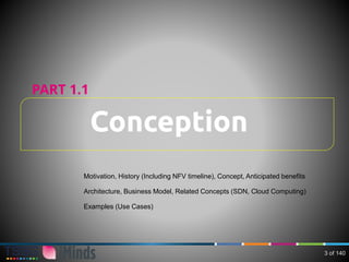 Conception
PART 1.1
Motivation, History (Including NFV timeline), Concept, Anticipated benefits
Architecture, Business Model, Related Concepts (SDN, Cloud Computing)
Examples (Use Cases)
3 of 140
 