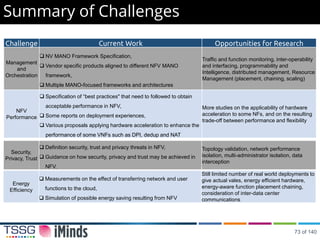 Summary of Challenges
Challenge Current Work Opportunities for Research
Management
and
Orchestration
 NV MANO Framework Specification,
 Vendor specific products aligned to different NFV MANO
framework,
 Multiple MANO-focused frameworks and architectures
Traffic and function monitoring, inter-operability
and interfacing, programmability and
Intelligence, distributed management, Resource
Management (placement, chaining, scaling)
NFV
Performance
 Specification of “best practices" that need to followed to obtain
acceptable performance in NFV,
 Some reports on deployment experiences,
 Various proposals applying hardware acceleration to enhance the
performance of some VNFs such as DPI, dedup and NAT
More studies on the applicability of hardware
acceleration to some NFs, and on the resulting
trade-off between performance and flexibility
Energy
Efficiency
 Measurements on the effect of transferring network and user
functions to the cloud,
 Simulation of possible energy saving resulting from NFV
Still limited number of real world deployments to
give actual vales, energy efficient hardware,
energy-aware function placement chaining,
consideration of inter-data center
communications
Security,
Privacy, Trust
 Definition security, trust and privacy threats in NFV,
 Guidance on how security, privacy and trust may be achieved in
NFV.
Topology validation, network performance
isolation, multi-administrator isolation, data
interception
73 of 140
 