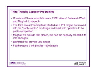 Third Tranche Capacity Programme

• Consists of 3 new establishments, 2 PFI sites at Belmarsh West
  and Maghull (Liverpool)
• The third site at Featherstone started as a PFI project but moved
  into the “public sector” for design and build with operation to be
  put to competition
• Maghull will provide 600 places, but has the capacity for 800 if its
  role changes
• Belmarsh will provide 900 places
• Featherstone 2 will provide 1620 places
 