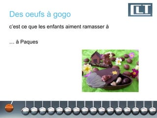 Des oeufs à gogo
c’est ce que les enfants aiment ramasser à
… à Paques
 