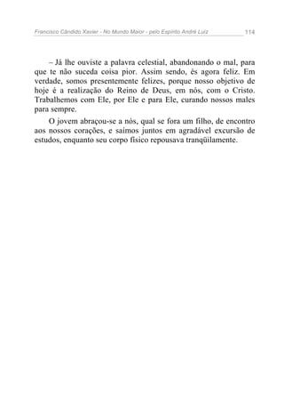 Francisco Cândido Xavier - No Mundo Maior - pelo Espírito André Luiz   114




    – Já lhe ouviste a palavra celestial, abandonando o mal, para
que te não suceda coisa pior. Assim sendo, és agora feliz. Em
verdade, somos presentemente felizes, porque nosso objetivo de
hoje é a realização do Reino de Deus, em nós, com o Cristo.
Trabalhemos com Ele, por Ele e para Ele, curando nossos males
para sempre.
    O jovem abraçou-se a nós, qual se fora um filho, de encontro
aos nossos corações, e saímos juntos em agradável excursão de
estudos, enquanto seu corpo físico repousava tranqüilamente.
 