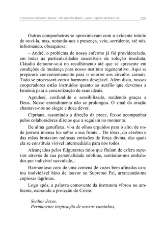Francisco Cândido Xavier - No Mundo Maior - pelo Espírito André Luiz   238




     Outros companheiros se aproximavam com o evidente intuito
de ouvi-la, mas, notando-nos a presença, veio, sorridente, até nós,
informando, obsequiosa:
     – André, o problema de nosso enfermo já foi providenciado,
em todas as particularidades suscetíveis de solução imediata.
Cláudio demorar-se-á no recolhimento até que se apresente em
condições de mudança para nosso instituto regenerativo. Aqui se
preparará convenientemente para o retorno aos círculos carnais.
Tudo se processará com a harmonia desejável. Além disto, nossos
cooperadores estão instruídos quanto ao auxílio que devemos a
Ismênia para a concretização de seus ideais.
     Agradeci, confundido e sensibilizado, rendendo graças a
Deus. Nosso entendimento não se prolongou. O sinal da oração
chamava-nos ao alegre e doce dever.
     Cipriana, assumindo a direção da prece, fez-se acompanhar
pelos colaboradores diretos que a seguiam no momento.
     De alma genuflexa, vi-a de olhos erguidos para o alto, de on-
de jorrava intensa luz sobre a sua fronte... Do tórax, do cérebro e
das mãos brotavam radiosas emissões de força divina, das quais
ela se constituía visível intermediária para nós todos.
     Alcançados pelos fulgurantes raios que fluíam de esfera supe-
rior através de sua personalidade sublime, sentíamo-nos embala-
dos por indizível suavidade...
     Harmonioso coro de uma centena de vozes bem afinadas can-
tou inolvidável hino de louvor ao Supremo Pai, arrancando-me
copiosas lágrimas.
     Logo após, a palavra comovente da instrutora vibrou no am-
biente, exorando a proteção do Cristo:

       Senhor Jesus,
       Permanente inspiração de nossos caminhos,
 