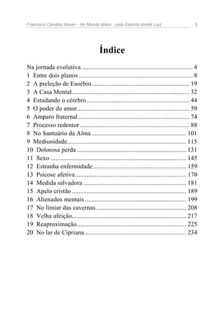 Francisco Cândido Xavier - No Mundo Maior - pelo Espírito André Luiz                         3




                                        Índice
Na jornada evolutiva .................................................................... 4
1 Entre dois planos ...................................................................... 8
2 A preleção de Eusébio............................................................ 19
3 A Casa Mental........................................................................ 32
4 Estudando o cérebro ............................................................... 44
5 O poder do amor..................................................................... 59
6 Amparo fraternal .................................................................... 74
7 Processo redentor ................................................................... 88
8 No Santuário da Alma .......................................................... 101
9 Mediunidade......................................................................... 115
10 Dolorosa perda ................................................................... 131
11 Sexo ................................................................................... 145
12 Estranha enfermidade ......................................................... 159
13 Psicose afetiva.................................................................... 170
14 Medida salvadora ............................................................... 181
15 Apelo cristão ...................................................................... 189
16 Alienados mentais .............................................................. 199
17 No limiar das cavernas ....................................................... 208
18 Velha afeição...................................................................... 217
19 Reaproximação................................................................... 225
20 No lar de Cipriana .............................................................. 234
 