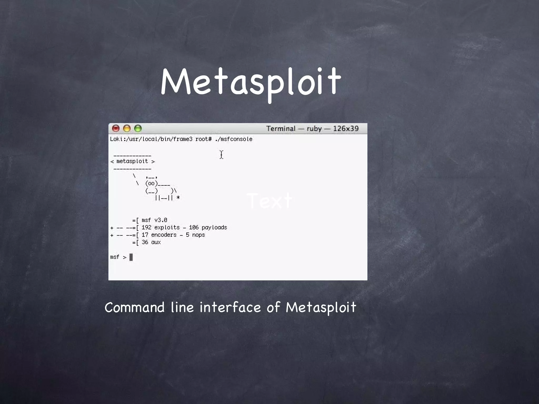 Metasploit


                    Text



Command line interface of Metasploit
 