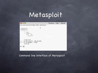 Metasploit


                    Text



Command line interface of Metasploit
 
