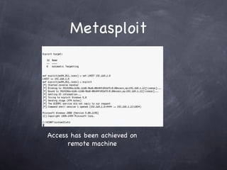Metasploit




Access has been achieved on
      remote machine
 