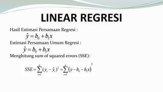 LINEAR REGRESI
Hasil Estimasi Persamaan Regresi :
Estimasi Persamaan Umum Regresi :
Menghitung sum of squared errors (SSE):
 
